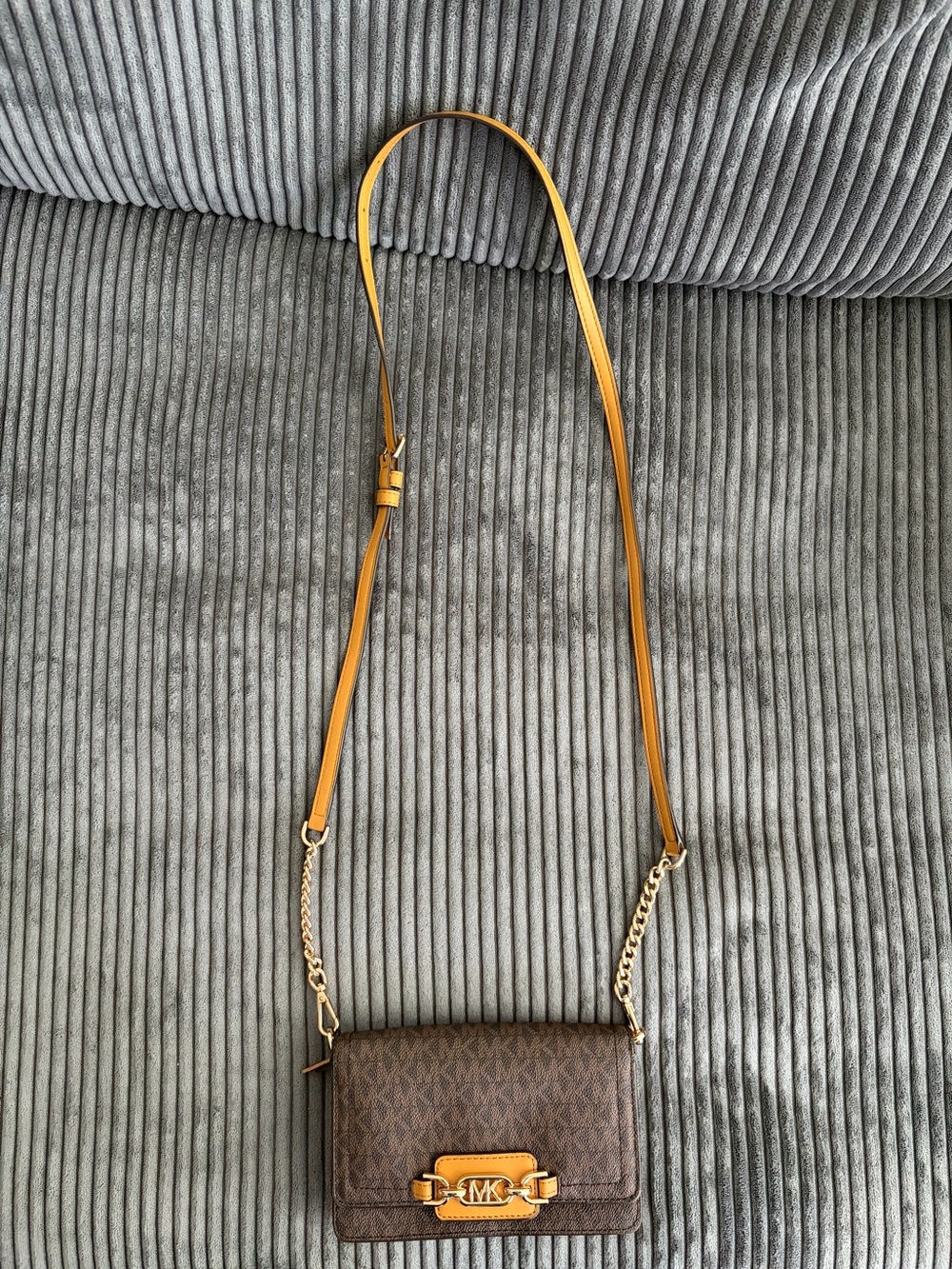 Michael Kors Brown Monogram Crossbody with Tan Strap and Gold Hardware